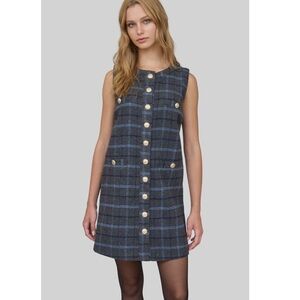 Blu Pepper Plaid Tweed Shift Mini Sleeveless Dress Preppy Parisian Chic Sz Large